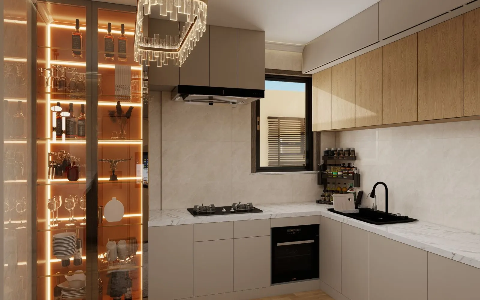 Cuisine moderne rénovée avec hotte, plan de travail en marbre et meubles en bois clair